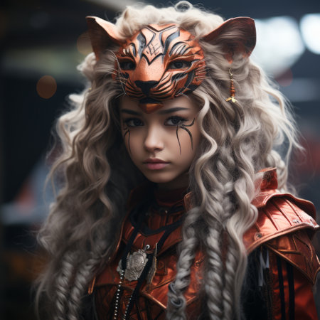 a woman with long hair wearing a tiger maskの素材