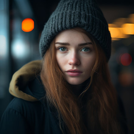 a woman with long red hair and a beanieの素材