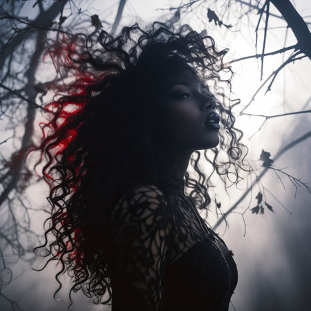 a woman with red hair in the woodsの素材