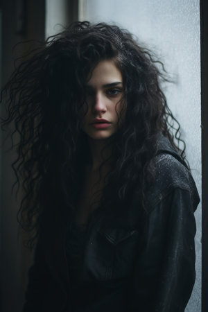 a woman with long curly hair standing in front of a windowの素材