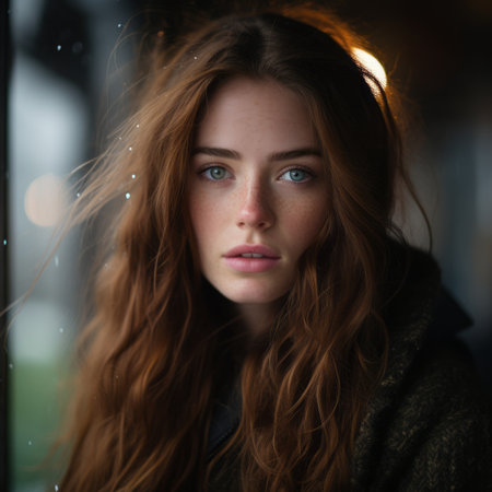 a woman with long red hair and blue eyes looking at the cameraの素材