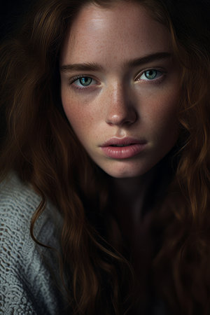 a woman with long red hair and blue eyesの素材