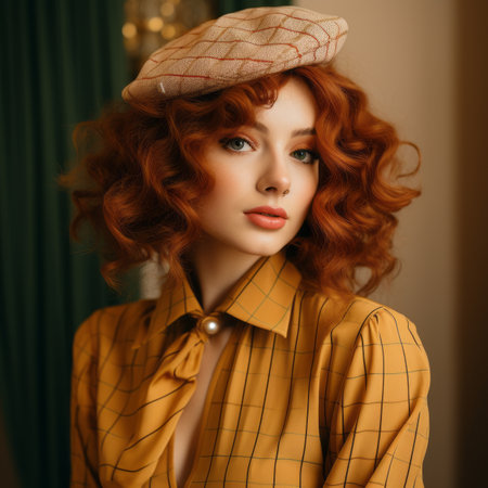 a woman with red hair wearing a beretの素材