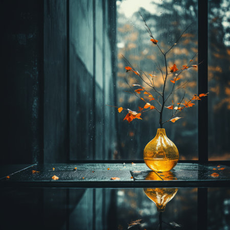 a yellow vase with leaves in it sitting on a tableの素材