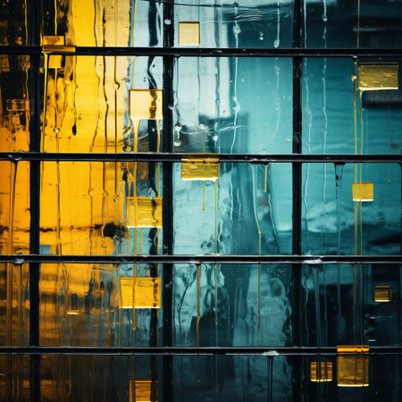 an abstract image of a building with yellow and blue lightsの素材