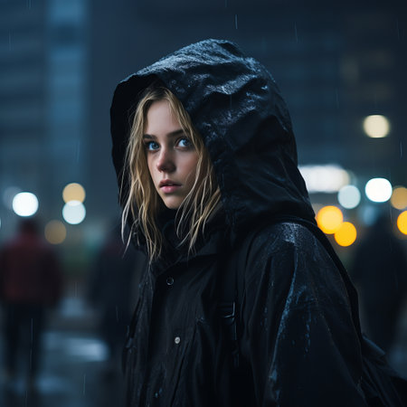 a young woman in a black jacket standing in the rainの素材