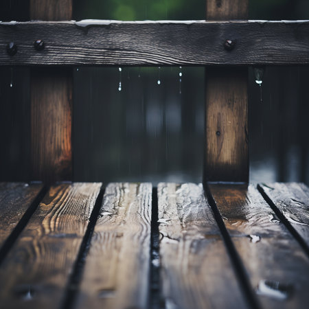 a wooden bench with rain drops on itの素材