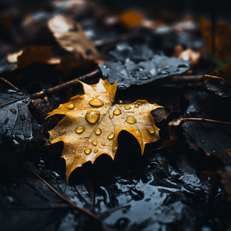 a yellow maple leaf with water droplets on itの素材