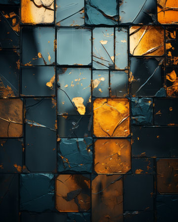 an abstract image of a broken glass wall with orange and blue squaresの素材