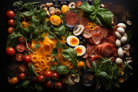 an assortment of vegetables and meat on a black backgroundの素材