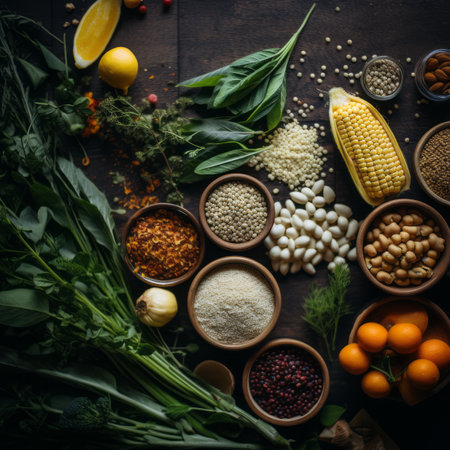 an assortment of vegetables and grains on a wooden tableの素材