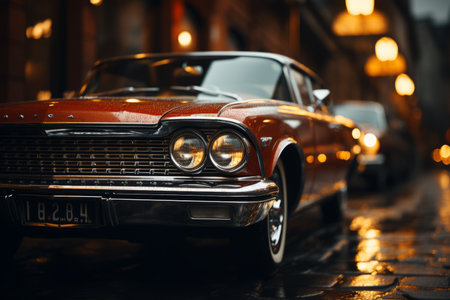 an old car parked on a wet streetの素材