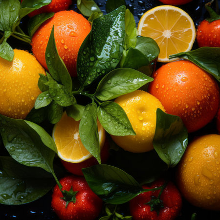 an assortment of oranges lemons tomatoes and basilの素材