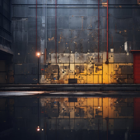 an empty industrial building with graffiti on it at nightの素材