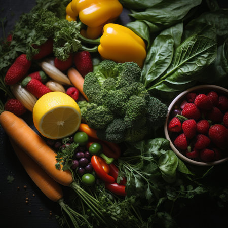 an assortment of fruits and vegetables on a tableの素材