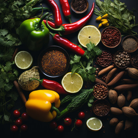 an assortment of spices and vegetables on a black backgroundの素材