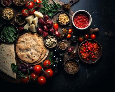 an assortment of different types of food on a wooden cutting boardの素材