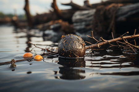 an egg is floating in the water next to a tree branchの素材