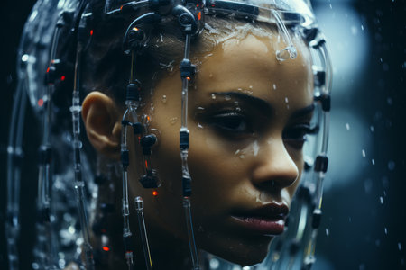 an image of a woman with wires on her headの素材