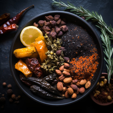 an assortment of spices nuts and herbs in a bowlの素材