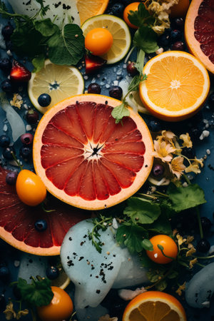 an assortment of fruits and vegetables are arranged on a tableの素材