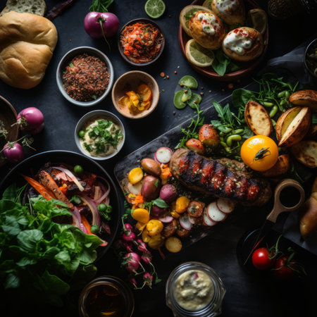 an assortment of food is laid out on a tableの素材