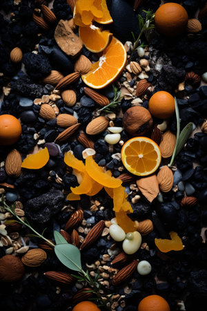an assortment of oranges almonds and other nutsの素材