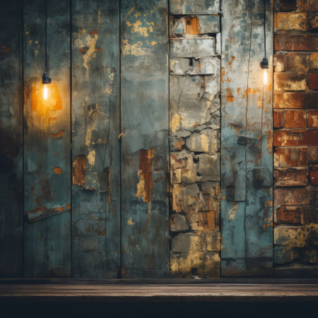 an old wooden wall with light bulbs hanging from itの素材