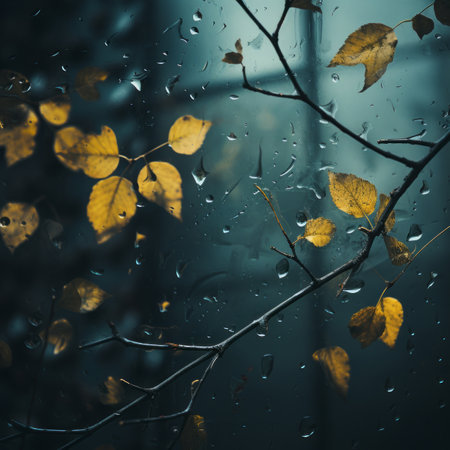 autumn leaves on the window of a rainy dayの素材