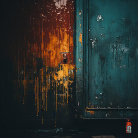 an orange bottle sits on the ground next to a blue doorの素材