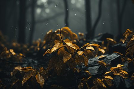 autumn leaves on the ground in a dark forestの素材