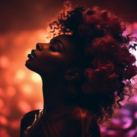 beautiful african american woman with flowers in her hairの素材