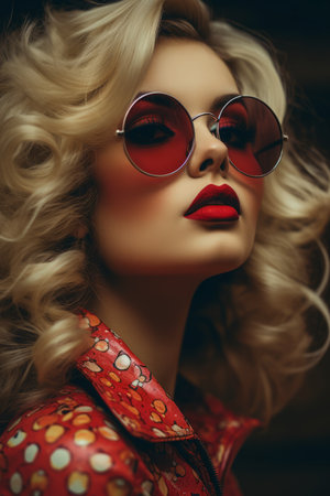 beautiful blonde woman with red lipstick and sunglassesの素材