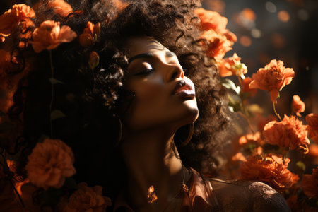 beautiful african american woman surrounded by orange flowersの素材