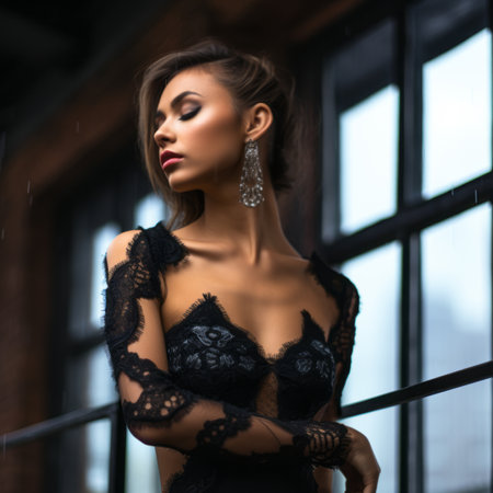 beautiful woman in black lace dress posing in the rainの素材