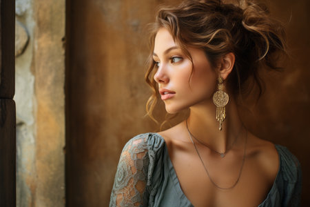 beautiful woman in blue dress and earrings looking out the windowの素材