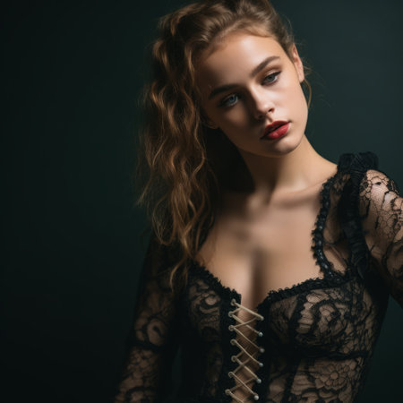 beautiful young woman in black lace lingerie on dark backgroundの素材