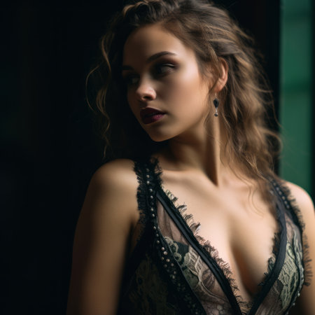 beautiful young woman in black lingerie posing in front of a windowの素材