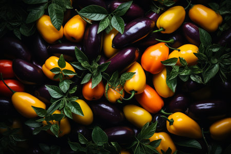 colorful peppers and tomatoes on a dark background stock photoの素材