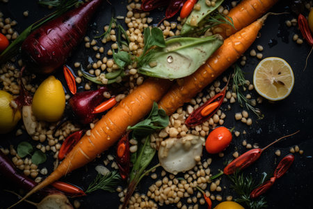 carrots lemons and other vegetables on a black backgroundの素材