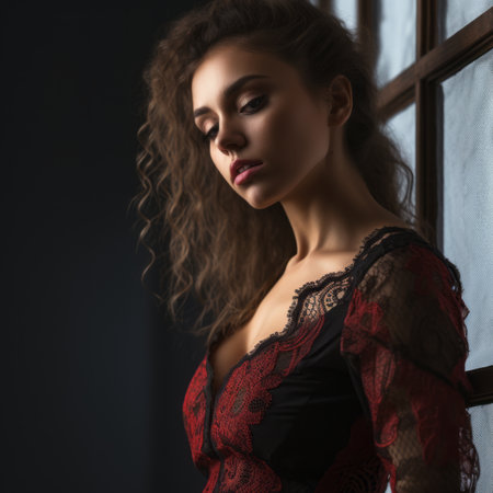 portrait of a beautiful woman in a red and black lace dress in front of a windowの素材