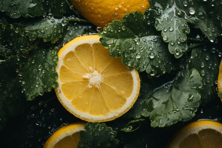 fresh lemons with water droplets on the leavesの素材