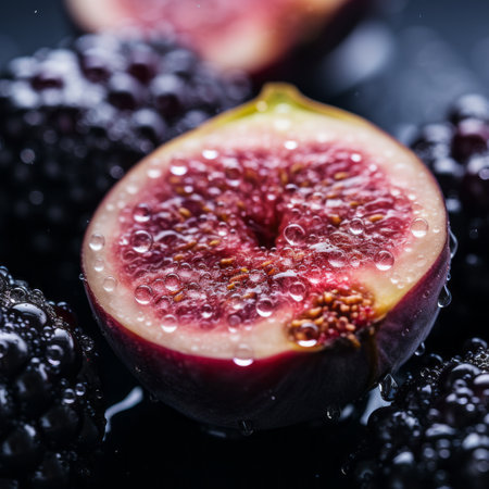 figs and blackberries on a black surface with water dropletsの素材