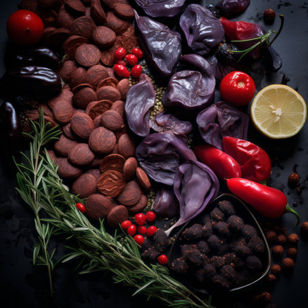 chocolate peppers and other ingredients arranged on a black backgroundの素材