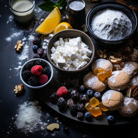 ingredients for homemade cookies on a dark table top view copy space banco de imagensの素材