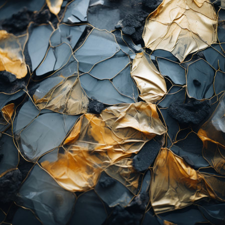 cracked glass with gold and black pieces on itの素材
