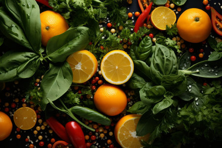 fresh fruits and vegetables on a black backgroundの素材