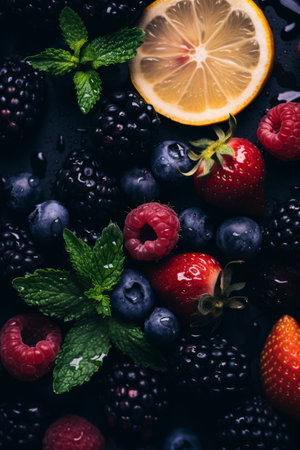 fresh berries and lemons on a black backgroundの素材