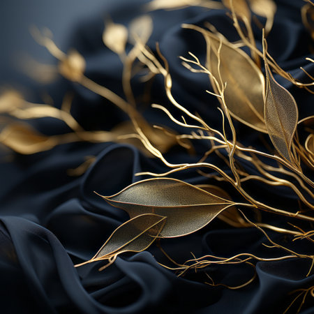 golden leaves and branches on a black fabricの素材