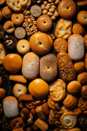 many different types of breads are arranged on a tableの素材